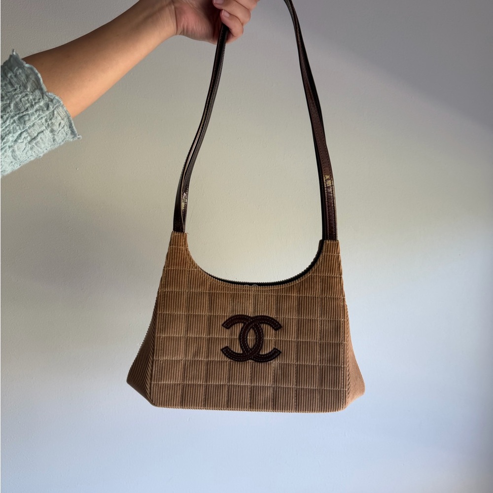 CHANEL Brown Corduroy Shoulder Bag with Dark Brown Trim